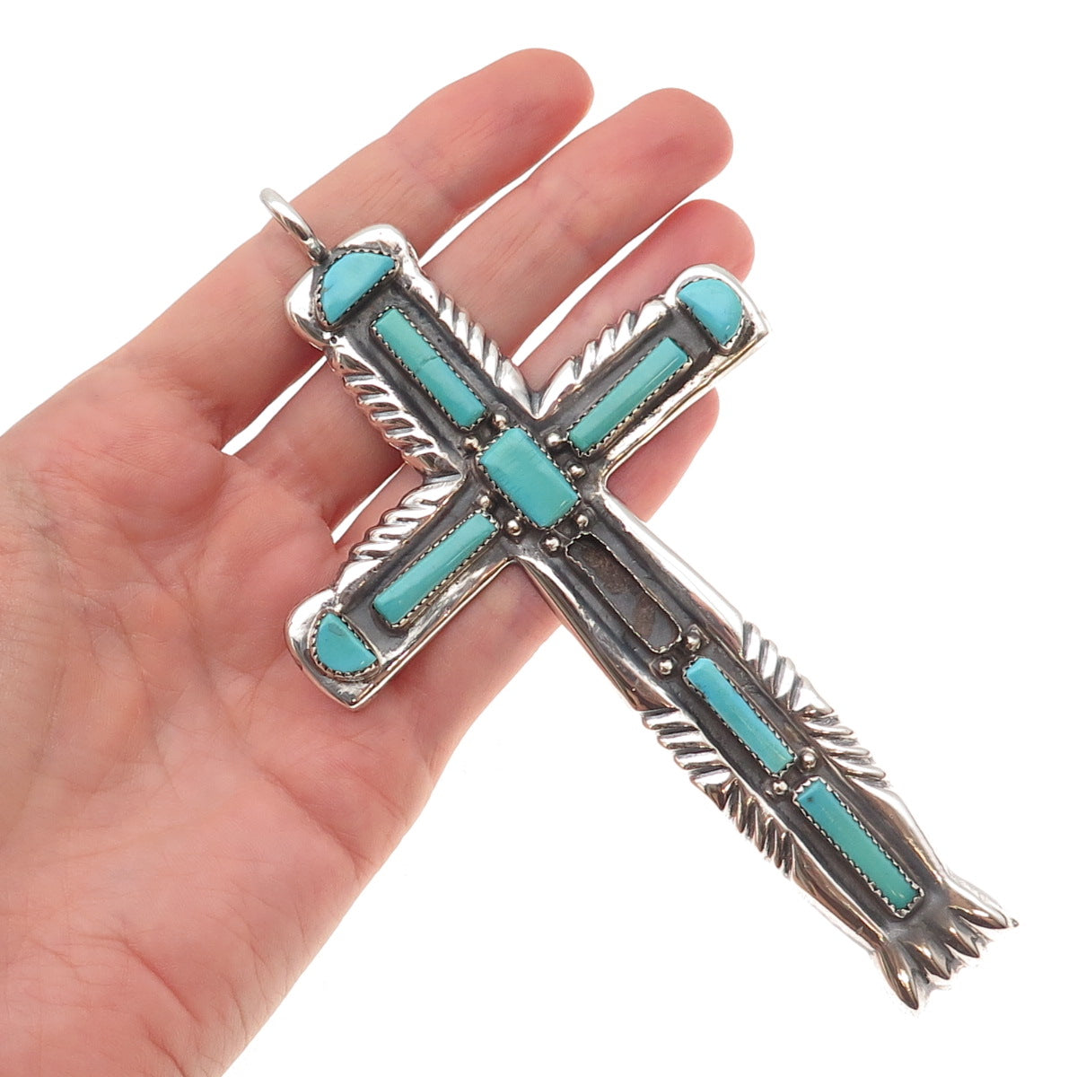 Lupe Iule Zuni Old Pawn Sterling Turquoise Cross 80.2g Pendant (missing stone)