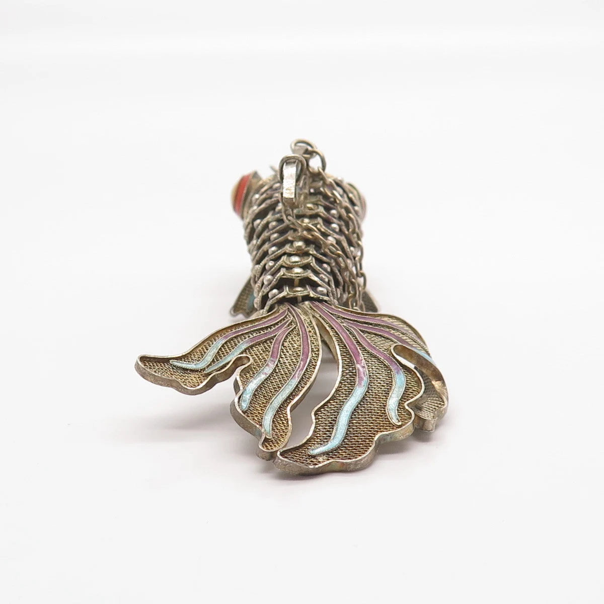 925 Sterling Silver Antique Enamel Chinese Koi Fish Chatelaine Pendant / Fob