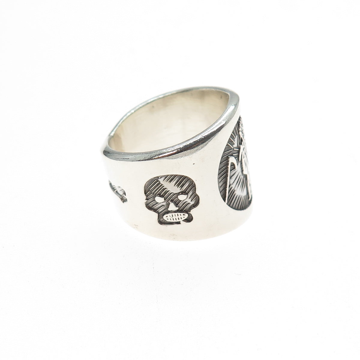 925 Sterling Silver Vintage Santa Muerte Oxidized Ring Size 7.25