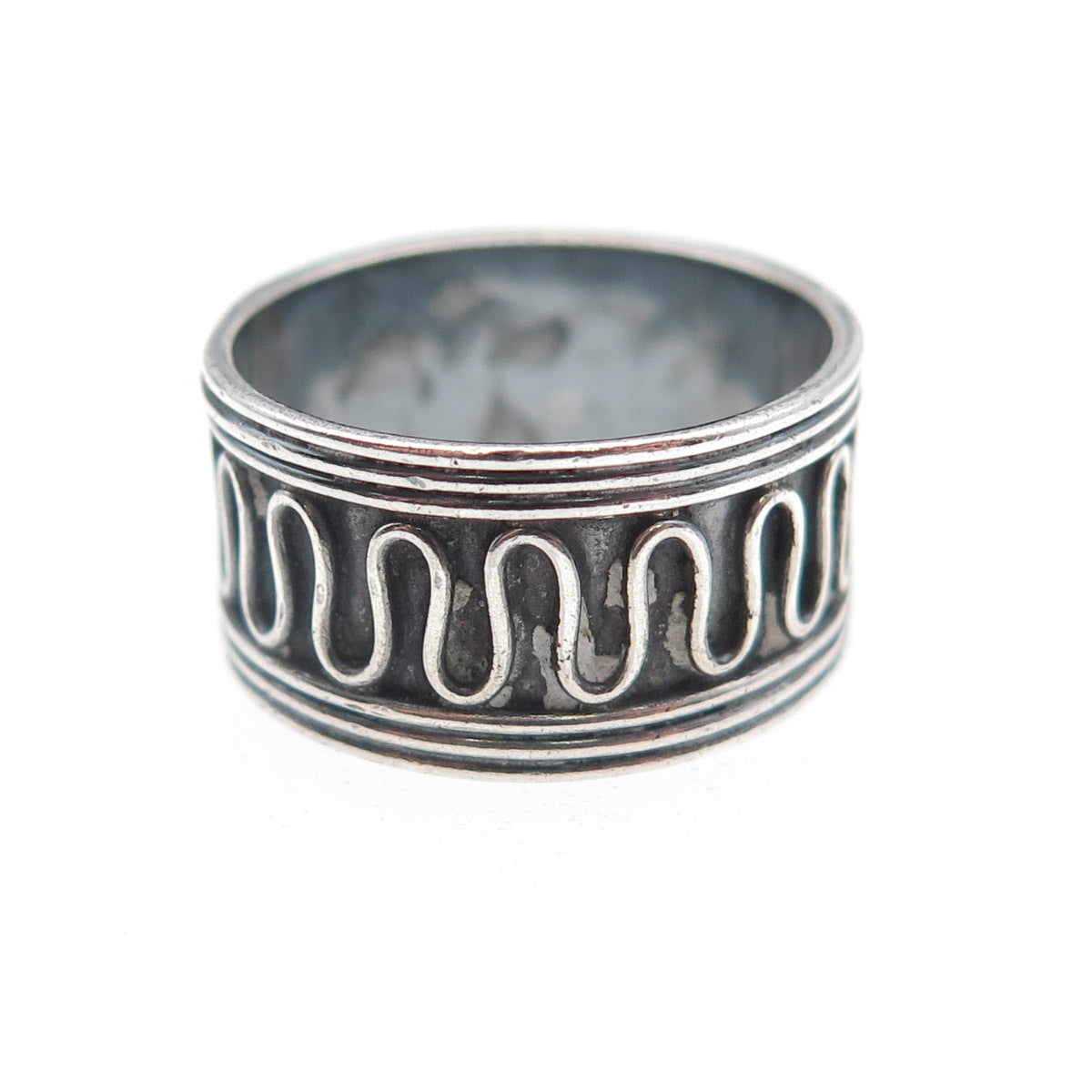 925 Sterling Silver Vintage Modernist Zig Zag Oxidized Band Ring Size 6.5