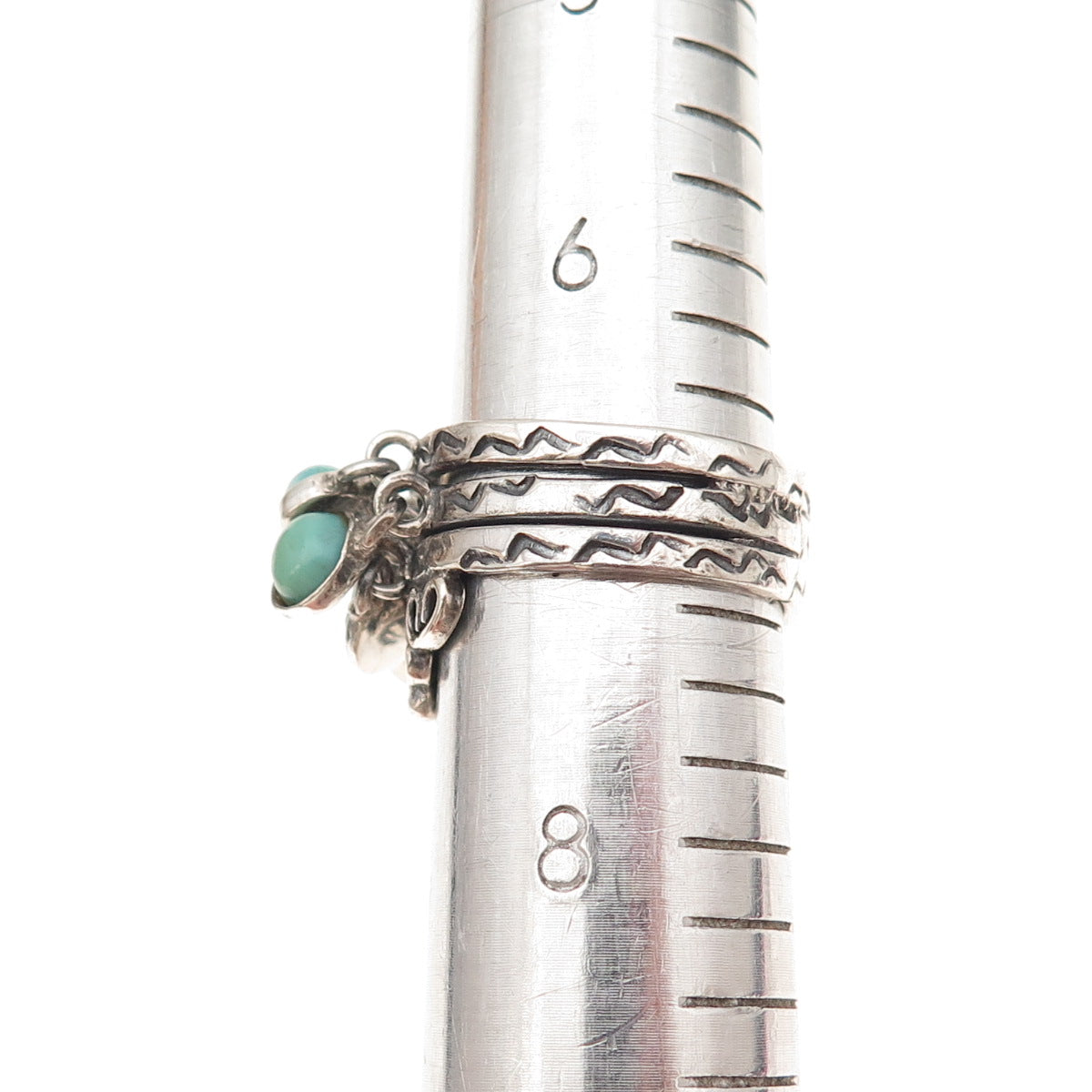 Old Pawn Sterling Silver Vintage Turquoise Cha Cha Charm Tribal Ring Size 7.25