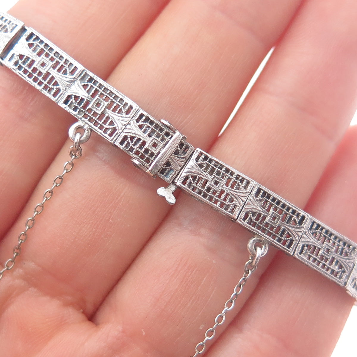 925 Sterling Antique Art Deco Real Diamond Bracelet 6.25" (repair safety chain)