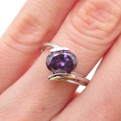 925 Sterling Silver Real Oval-Cut Amethyst Bypass Ring Size 5