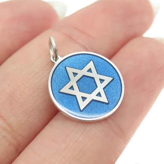 925 Sterling Silver Blue Enamel Star of David Round Tag Minimalist Charm Pendant