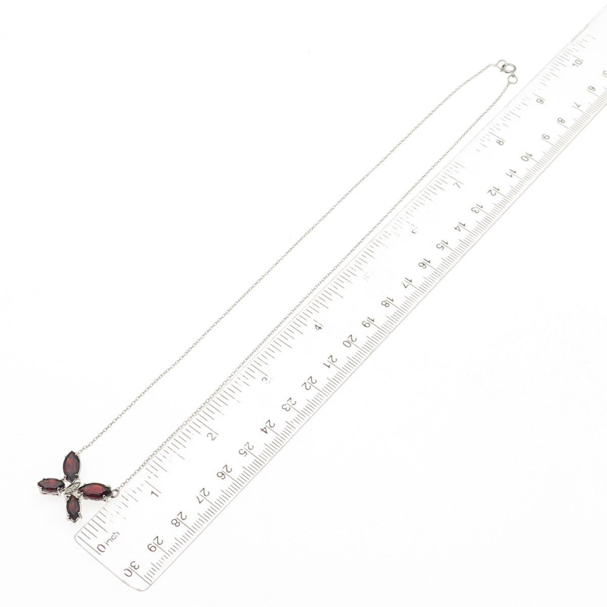 925 Sterling Silver Real Diamond & Red Garnet Butterfly Cable Chain Necklace 18"