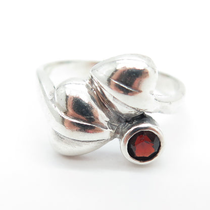 925 Sterling Silver Vintage Real Red Garnet Double Heart Bypass Ring Size 7.5