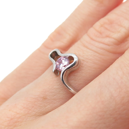 925 Sterling Silver Round-Cut Pink C Z Modernist Heart Ring Size 6.25