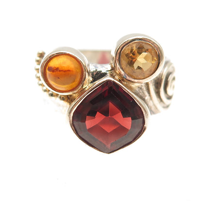 Michou Sterling Silver Vintage Real Amber Citrine & Garnet Modernist Ring Size 9