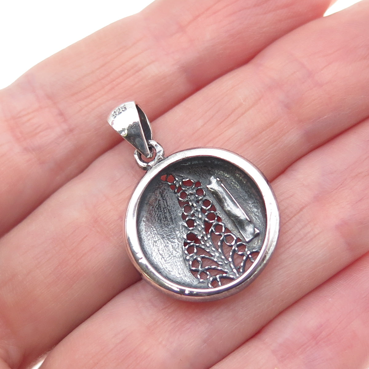 925 Sterling Silver Vintage Modernist Floral Filigree Oxidized Charm Pendant