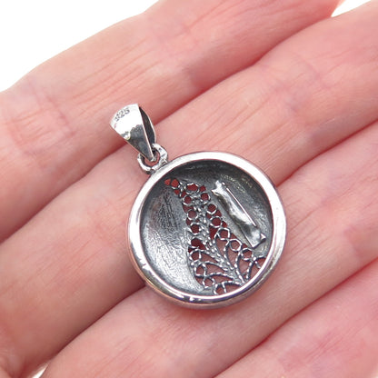 925 Sterling Silver Vintage Modernist Floral Filigree Oxidized Charm Pendant