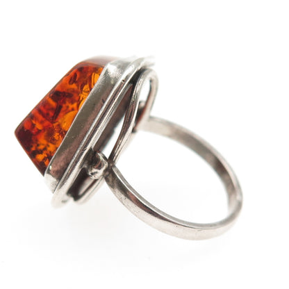 925 Sterling Silver Vintage JM Poland Real Amber Modernist Ring Size 7