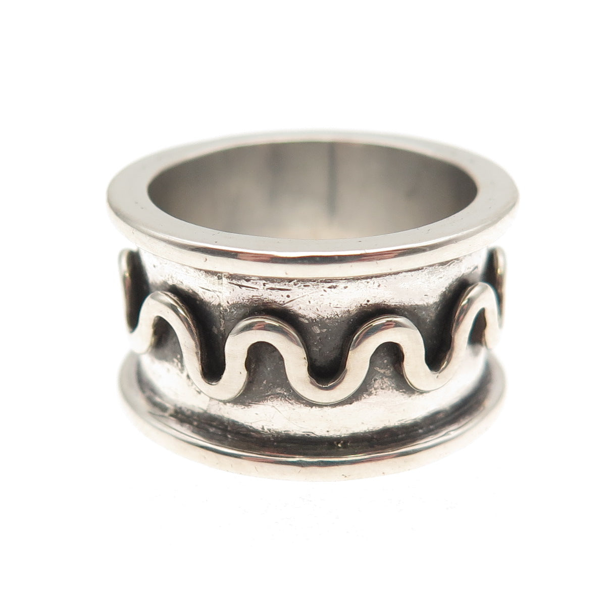 925 Sterling Silver Vintage Zig Zag Wave Oxidized Band Ring Size 6.75