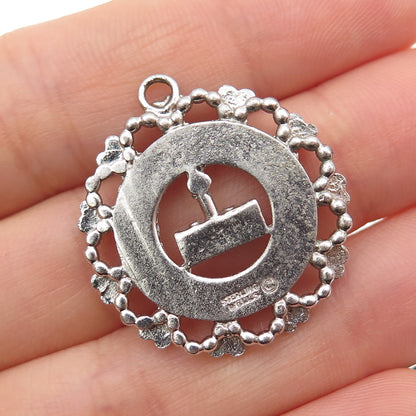 WELLS 925 Sterling Silver Vintage Rhinestone Happy Birthday Charm Pendant