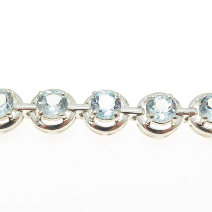 925 Sterling Silver Real Round-Cut Blue Topaz Station Tennis Link Bracelet 7.25"