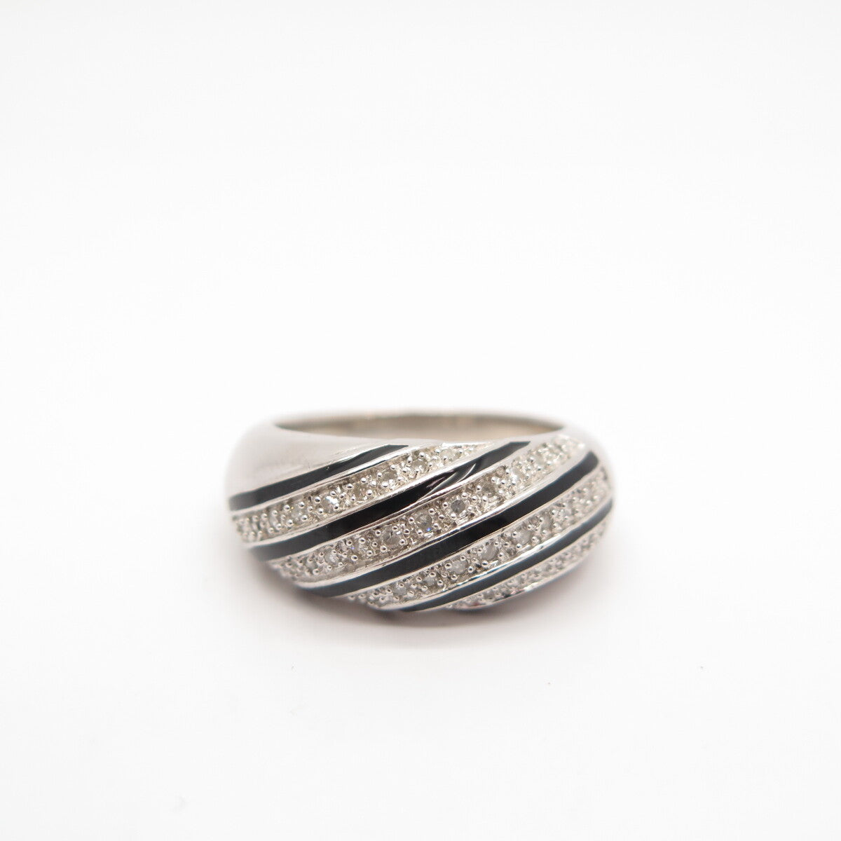 925 Sterling Silver Enamel Real White Diamond Striped Domed Ring Size 7.75"