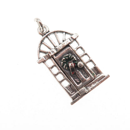 925 Sterling Silver Vintage Enamel Christmas Door Oxidized Charm Pendant