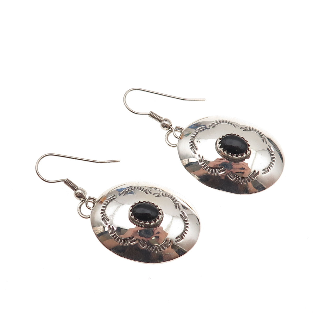Old Pawn Sterling Silver Vintage Southwestern Black Onyx Concho Dangle Earrings