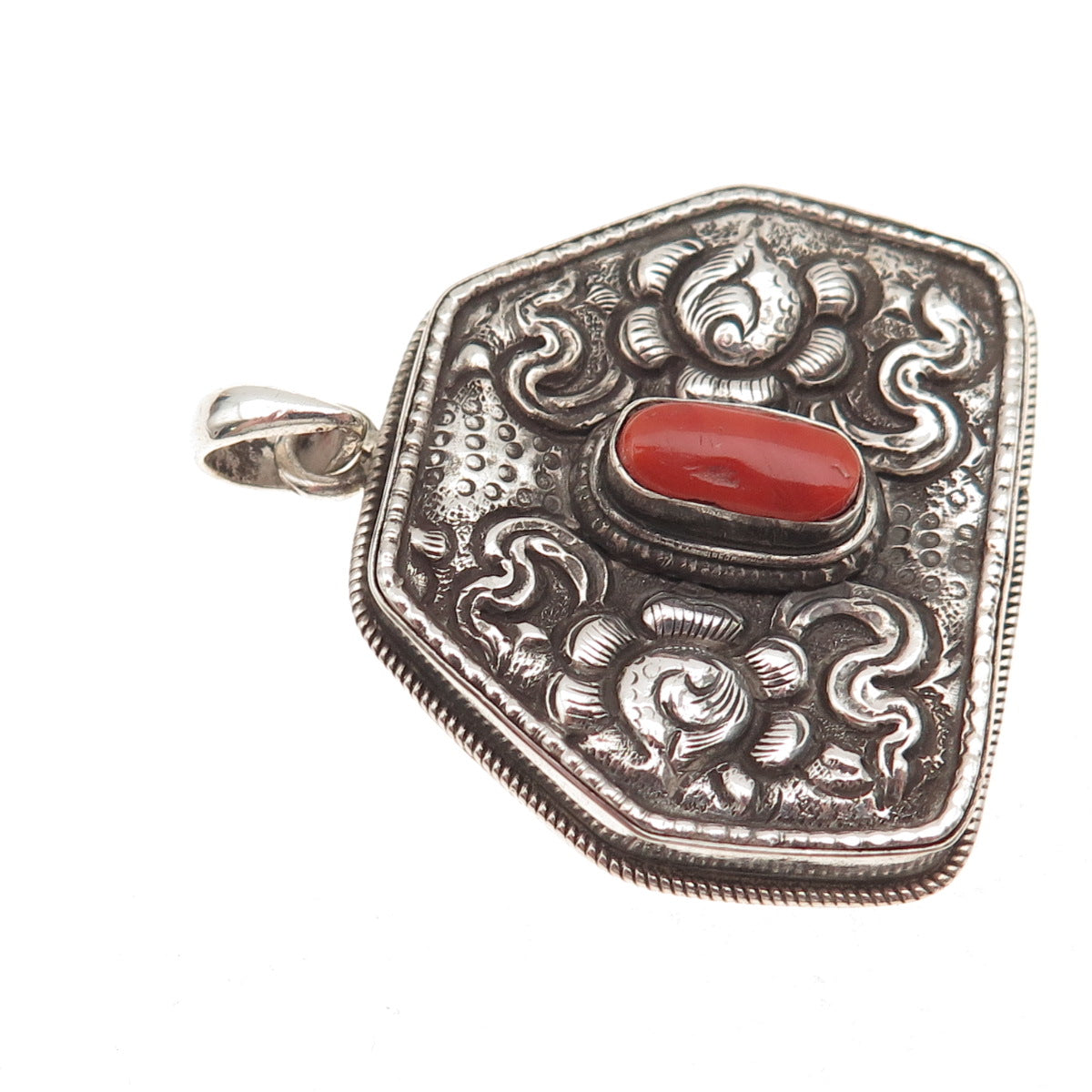 925 Sterling Silver Vintage Real Coral Floral Oxidized Pendant