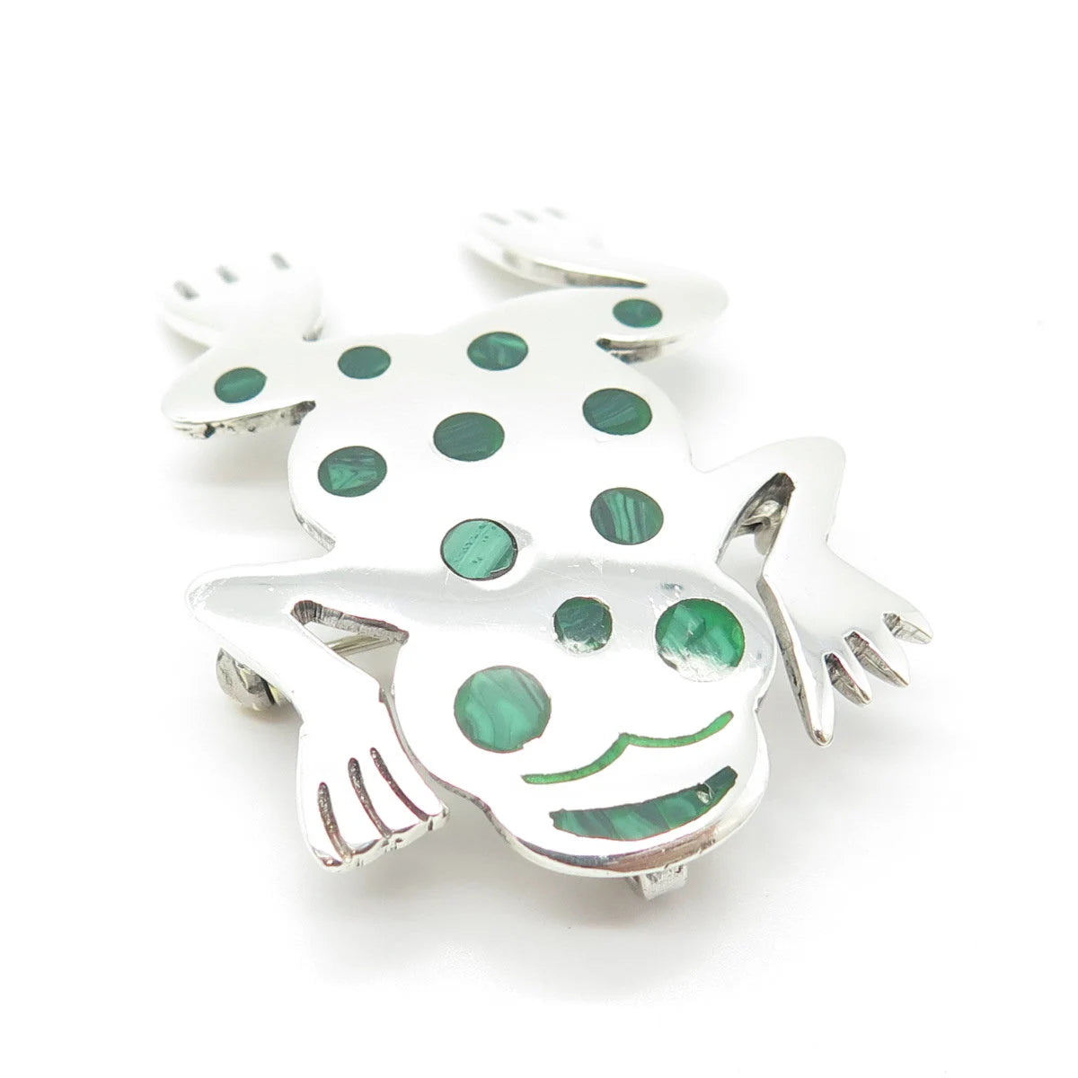 925 Sterling Silver Vintage Mexico Malachite Gem Frog for Good Luck Pin Brooch