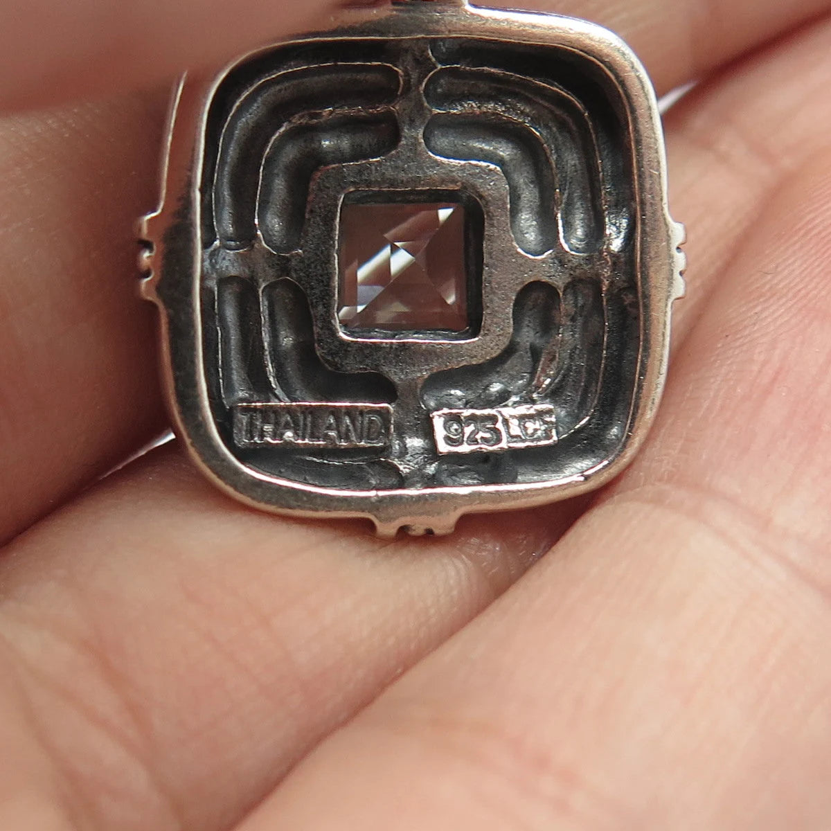 925 Sterling Silver Vintage Real Blue Topaz Gem Beaded Square Pendant