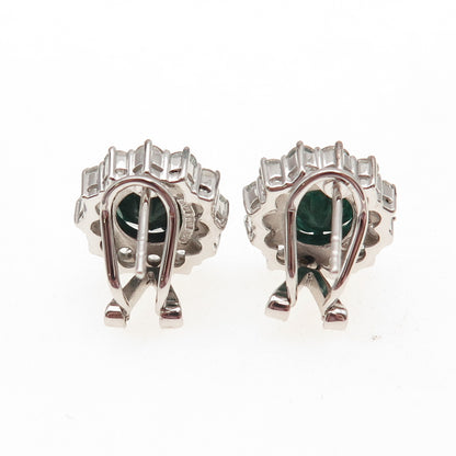 925 Sterling Silver Vintage Real Emerald & White Topaz Omega Back Earrings