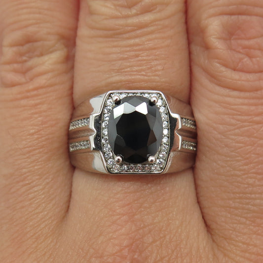 925 Sterling Silver Real Hematite & Round-Cut C Z Ring Size 8.25