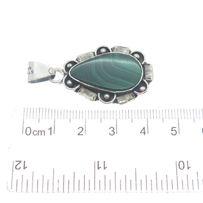 925 Sterling Silver Vintage Mexico Real Malachite Gem Teardrop Oxidized Pendant