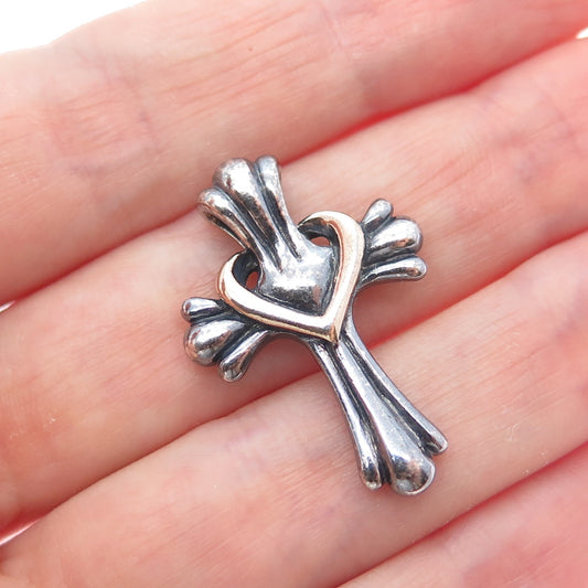 925 Sterling Silver 2-Tone Vintage Heart Cross Oxidized Slide Pendant