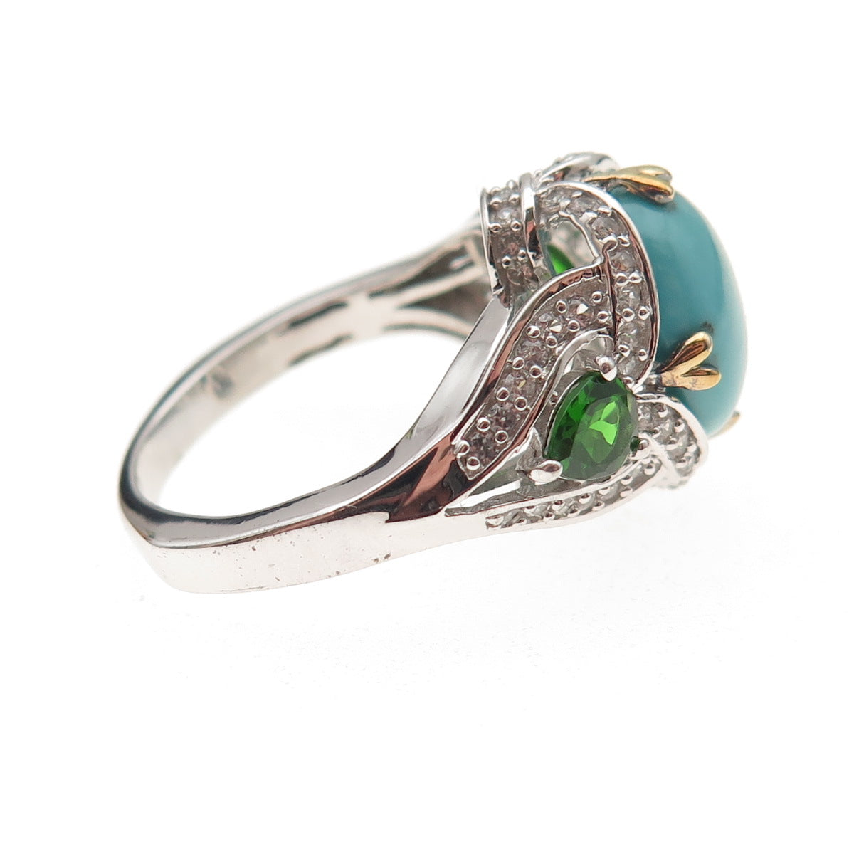 925 Sterling Silver 2-Tone Real Turquoise Peridot & White Topaz Ring Size 8.25