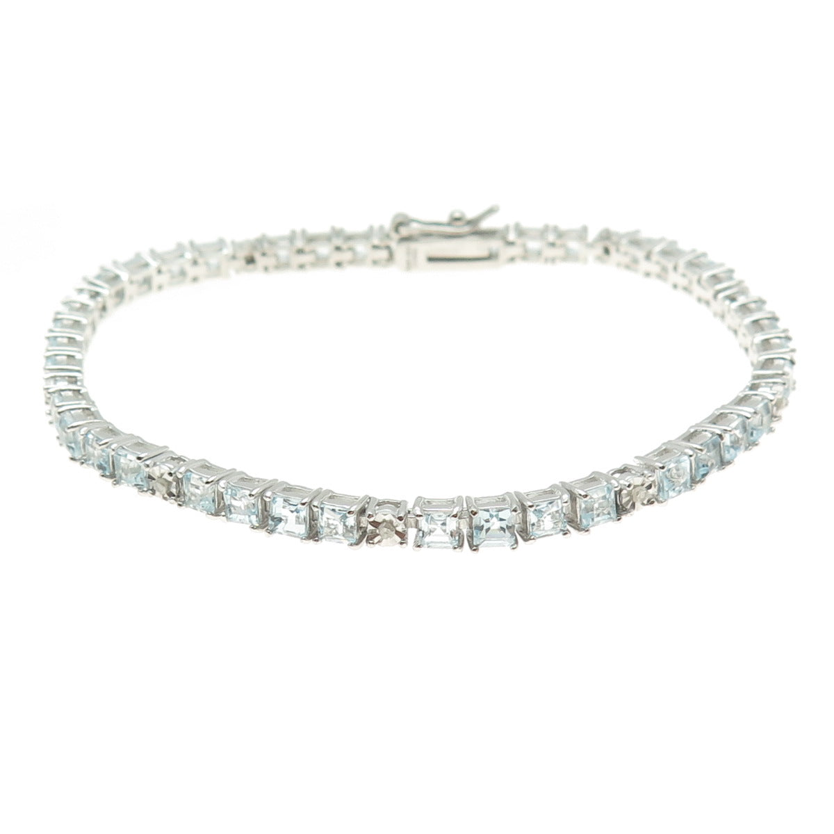 925 Sterling Silver Real Diamond & Princess-Cut Blue Topaz Bracelet 7.25"