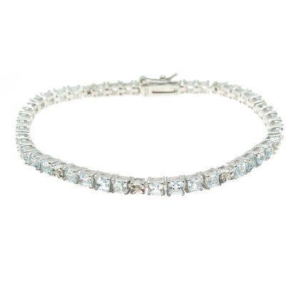 925 Sterling Silver Real Diamond & Princess-Cut Blue Topaz Bracelet 7.25"