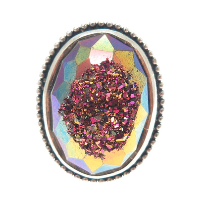 COLLEEN LOPEZ 925 Sterling Vintage Real Rainbow Druze Adjustable Ring Size 8.25