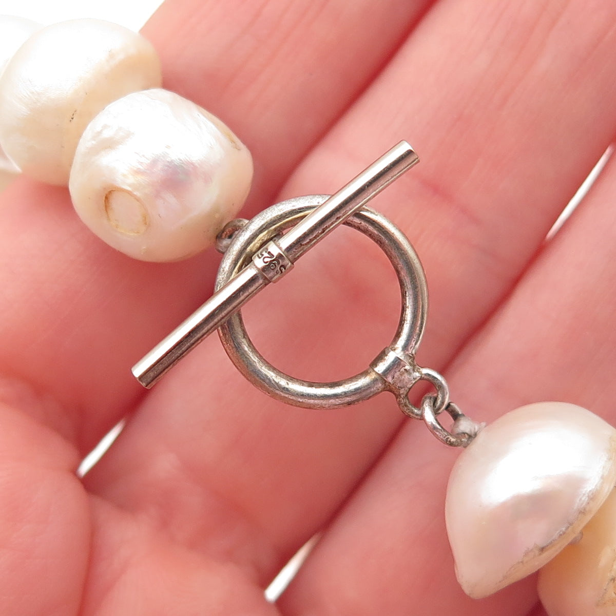 925 Sterling Silver Vintage Real Baroque Pearl & Black Onyx Beaded Necklace 18"