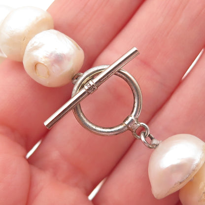 925 Sterling Silver Vintage Real Baroque Pearl & Black Onyx Beaded Necklace 18"