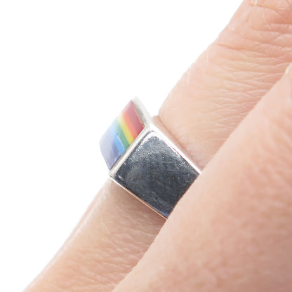 925 Sterling Silver Vintage Enamel Rainbow Signet Oxidized Ring Size 9