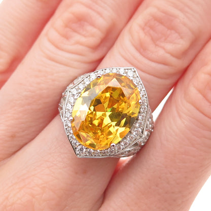 925 Sterling Silver Oval-Cut Canary & Round-Cut White C Z Ring Size 7