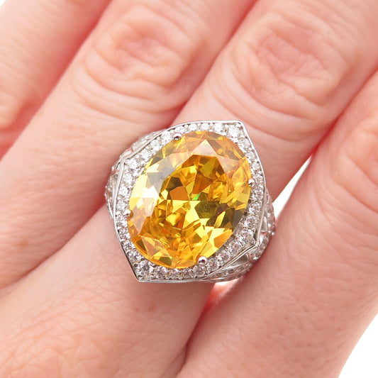 925 Sterling Silver Oval-Cut Canary & Round-Cut White C Z Ring Size 7