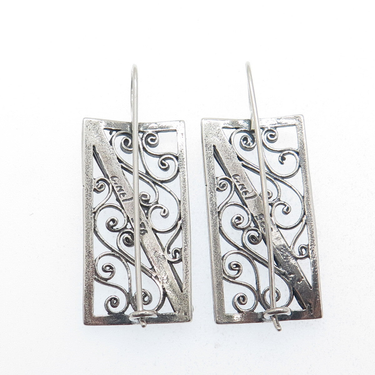 925 Sterling Silver 2-Tone Vintage Modernist Hammered Ornate Earrings