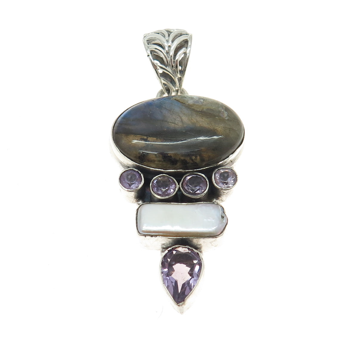 925 Sterling Silver Vintage Real Amethyst Baroque Pearl & Labradorite Pendant