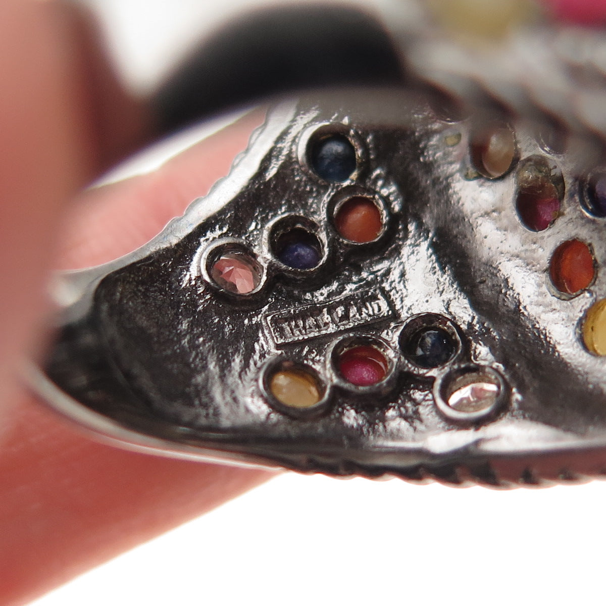 925 Sterling Silver Black Rhodium Real Multi-Color Sapphire Ring Size 7.75