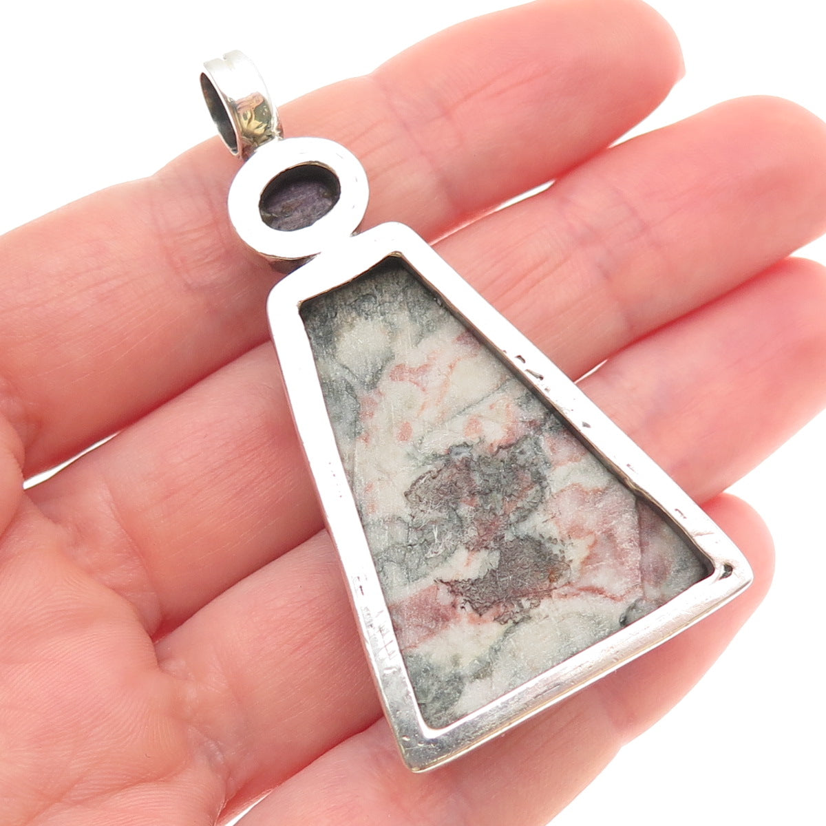 925 Sterling Silver Vintage Real Moss Agate & Ruby Large 27.0g Pendant