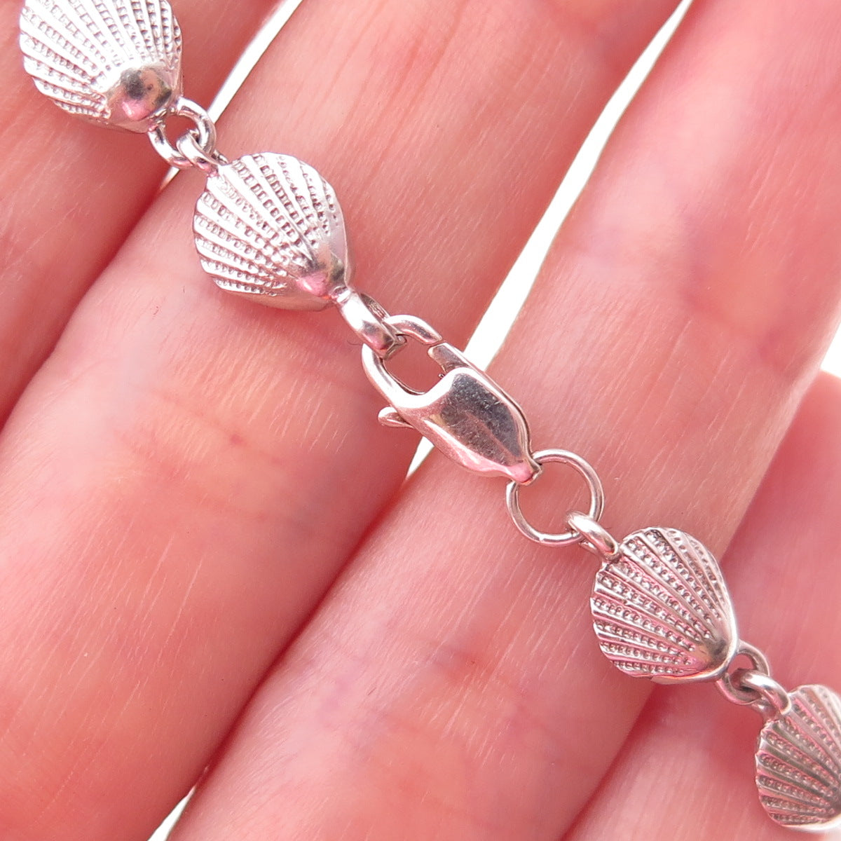 925 Sterling Silver Vintage Seashell Link Bracelet 7.5"