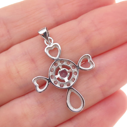 925 Sterling Silver Round-Cut Purple & White C Z Heart Cross Charm Pendant