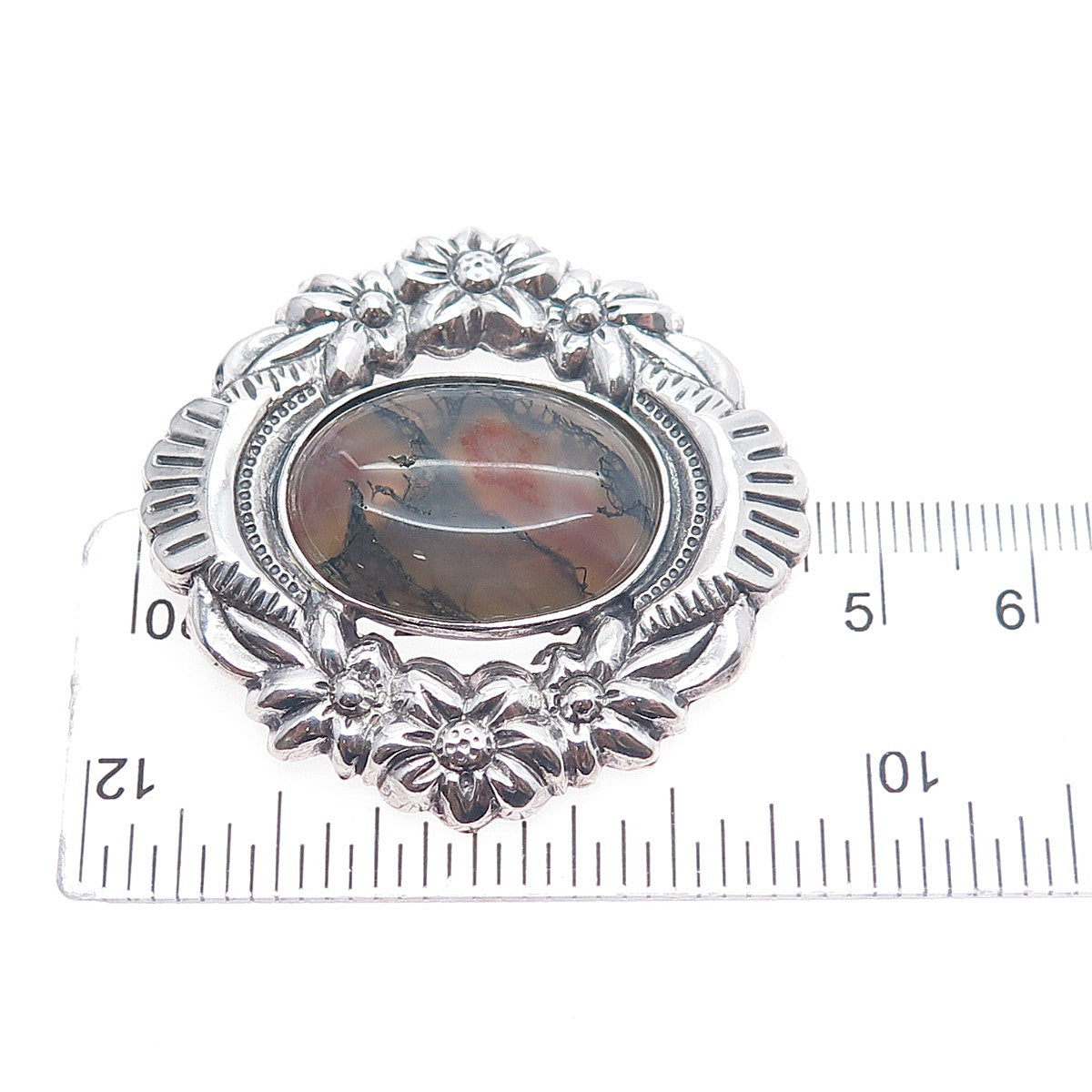925 Sterling Silver Vintage Real Moss Agate Flower Oxidized Slide Pendant