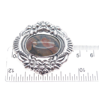 925 Sterling Silver Vintage Real Moss Agate Flower Oxidized Slide Pendant