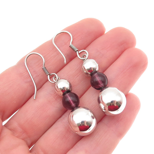 925 Sterling Silver Vintage Real Tourmaline Ball Beaded Dangle Earrings