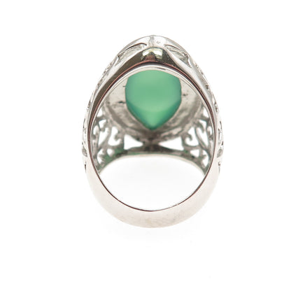 Ken Crafts 925 Sterling Silver Real Green Agate Floral Scroll Ring Size 8.5