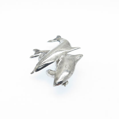 925 Sterling Silver Vintage Mexico Dolphin Couple Oxidized Pin Brooch