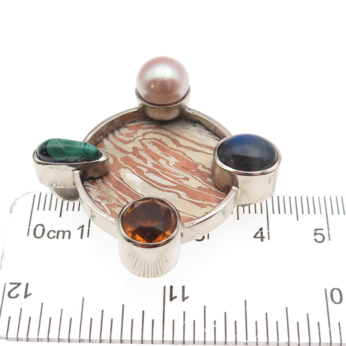 950 Silver 14K Gold Mokume Gane Vintage Real Pearl & Multi-Gem Slide Pendant