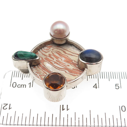 950 Silver 14K Gold Mokume Gane Vintage Real Pearl & Multi-Gem Slide Pendant